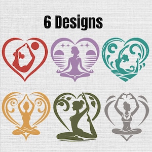May include: Six digital graphic designs featuring yoga poses inside heart shapes. The top row includes a red pose, a purple sunset meditation, and a teal water-themed pose. The bottom row shows an orange floral pose, a green leaf pose, and a gray heart-hand pose.