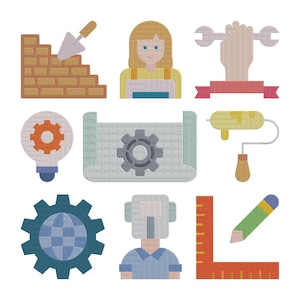 Puede incluir: Colección de iconos ilustrados de construcción e ingeniería. Incluye un muro de ladrillos con una llana, una persona con un mono, una mano sosteniendo una llave inglesa, una bombilla con un engranaje, un plano, un rodillo de pintura, un engranaje con un globo terráqueo, una persona con un casco, una regla y un lápiz.