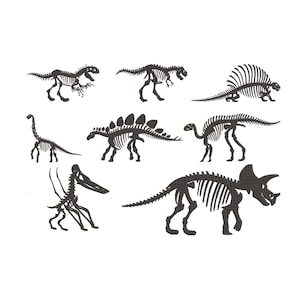 May include: A collection of black dinosaur skeleton illustrations on a white background. The image features various dinosaur species, including a Tyrannosaurus Rex, Stegosaurus, and Triceratops, in a detailed, skeletal form. Ideal for educational or decorative purposes.