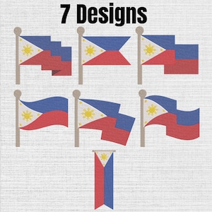 May include: Seven digital embroidery designs of the Philippine flag, each featuring a yellow sun and stars on a white triangle with blue and red horizontal stripes. The collection includes various flag shapes, including wavy, stepped, and vertical banners.