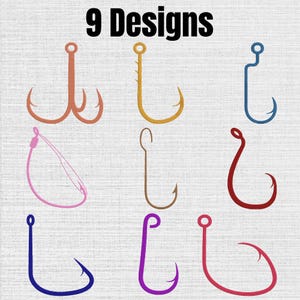 May include: A collection of 9 Designs featuring various fishing hook shapes embroidered in different colors including orange, yellow, blue, pink, brown, red, dark blue, purple, and magenta, arranged in a grid on a textured white background.