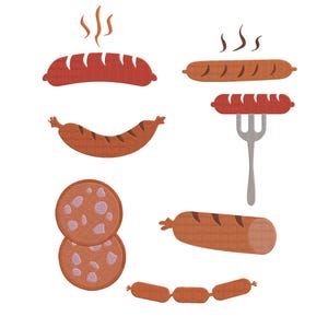 May include: A collection of embroidered sausage and meat graphics including a curved red sausage, a straight brown sausage, a sausage on a fork, two round salami slices, a cylindrical sausage, and a string of three small sausages with steam lines.