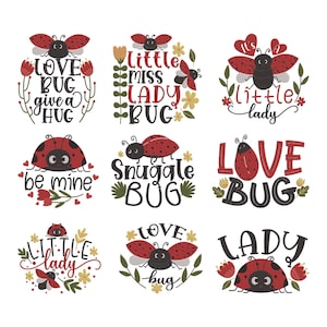 Könnte beinhalten: Neun farbenfrohe Designs zum Thema Marienkäfer mit Text. Jedes Design zeigt eine Marienkäfer-Illustration mit Sätzen wie "Love Bug", "Little Miss Lady Bug" und "Be Mine". Die Designs sind von floralen und Blattelementen umgeben, mit weißem Hintergrund.