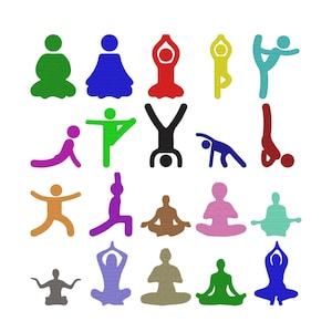 May include: A collection of twenty colourful yoga pose icons arranged in a grid. The figures are depicted in various positions including seated meditation, standing balances, and inversions, rendered in solid colours like green, blue, red, yellow, and black.