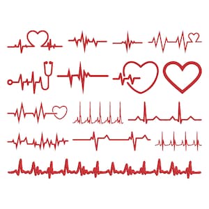 May include: A collection of red heartbeat line graphics, including heart shapes and a stethoscope. The designs vary in style, with some resembling actual heart rate readings. The graphics are suitable for medical or health-related themes.
