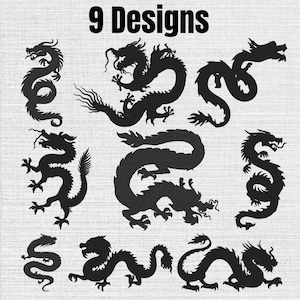 May include: A digital graphic featuring 9 Designs in black text at the top, followed by nine distinct black silhouette illustrations of dragons arranged in a grid. Each dragon is depicted in a different pose with intricate scales and flowing tails.