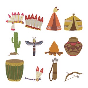 Könnte beinhalten: Eine Sammlung von Illustrationen zum Thema amerikanische Ureinwohner. Das Bild enthält einen Kopfschmuck, Tipis, einen Kaktus, einen Totempfahl, ein Lagerfeuer, eine Trommel, eine Vase, Pfeil und Bogen und einen Federkopfschmuck.
