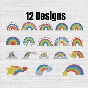 May include: A collection of 12 rainbow designs featuring various colorful arcs, clouds, stars, hearts, and suns. The graphic set includes rainbows with raindrops, smiling faces, and shooting star motifs, all presented in a vibrant, multi-colored palette.