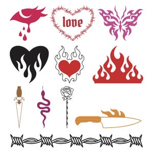 Könnte beinhalten: Eine Sammlung von Tattoo-Designs mit einem weinenden Auge, einem Herz mit Flammen, einem Schmetterling, einem Dolch, einer Schlange, einer Rose, einem Messer mit Flammen und Stacheldraht. Das Wort "love" steht in einem herzförmigen Stacheldrahtrahmen.
