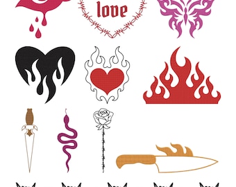 Disegno per ricamo a cuore fiammeggiante, file per ricamo a macchina con fuoco e amore gotico, download immediato