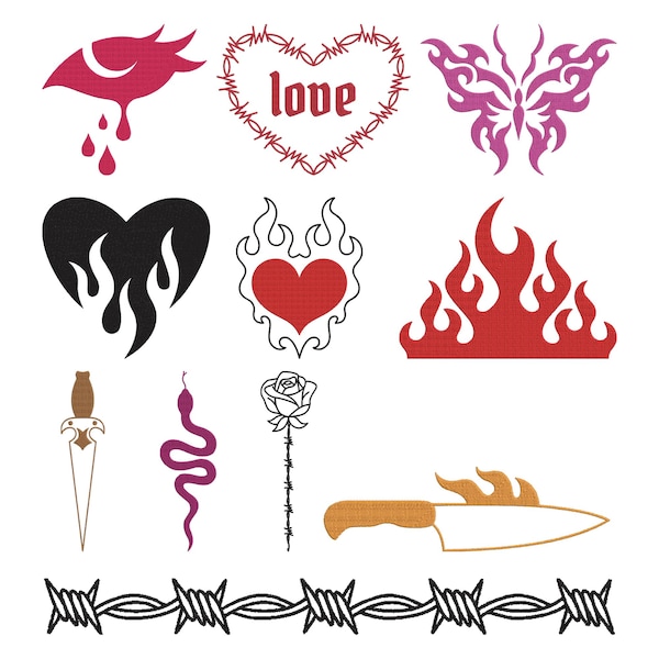 Motif de broderie coeur enflammé, fichier de broderie Machine gothique amour feu, téléchargement immédiat