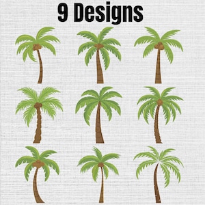 May include: A digital graphic featuring 9 Designs with nine distinct illustrations of palm trees. Each tree is rendered in shades of green for the fronds and brown for the trunks, with some trees displaying brown coconuts near the top canopy.