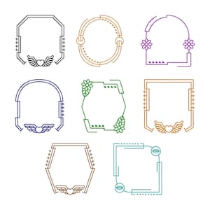 May include: A collection of eight decorative frames in various shapes and colors. The frames include geometric designs, floral accents, and heart-and-wing motifs. The color palette includes black, brown, green, blue, purple, and gold.