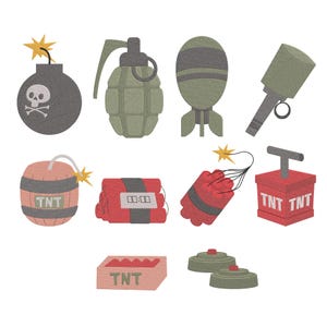 May include: A collection of cartoon-style explosives, including a bomb with a skull and crossbones, a grenade, a bomb with fins, a hand grenade, a barrel of TNT, a bundle of dynamite, a TNT block, a TNT box, and two landmines. The color palette includes shades of gray, green, red, and orange.