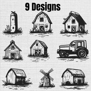 Pode incluir: Uma coleção de nove ilustrações de arte linear em preto e branco com imagens de fazenda, incluindo vários celeiros, um silo, um trator e um moinho de vento. O texto 9 Designs está impresso em letras pretas em negrito no topo.