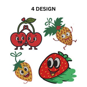 May include: Embroidered fruit designs featuring smiling cherries, a pineapple, and two strawberries. The text "4 DESIGN" is at the top. These colorful designs are perfect for crafting projects, adding a playful touch to apparel, or creating unique accessories.