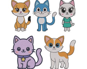 Diseño de bordado de gatito adorable, archivos de bordado a máquina de gato de dibujos animados, 5 diseños, seis tamaños, descarga instantánea