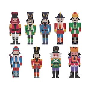 Könnte beinhalten: Eine Sammlung gestickter Nussknacker-Figuren in verschiedenen Farben. Jede Figur hat ein einzigartiges Uniformdesign, einschließlich roter, grüner, blauer und goldener Akzente. Die Nussknacker sind mit Hüten, Schnurrbärten und dekorativen Details dargestellt.