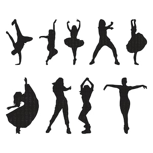Puede incluir: Diez siluetas negras de bailarines en diversas poses sobre un fondo blanco. Los bailarines se representan en varios estilos, incluyendo ballet, hip-hop y breakdance, mostrando una variedad de movimientos.