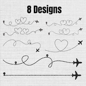 Könnte beinhalten: Eine Sammlung von 8 Designs mit schwarzen, stickereiartigen Linien auf einem hellen, strukturierten Hintergrund. Jedes Design enthält ein kleines Flugzeugsymbol und eine Standortnadel, die durch gestrichelte Flugbahnen verbunden sind.