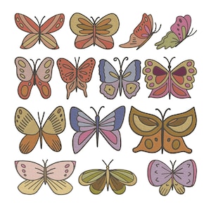 May include: A collection of colorful butterfly illustrations in various designs. The butterflies feature shades of orange, pink, yellow, blue, and green, with detailed wing patterns. The image has a hand-drawn, vintage aesthetic.
