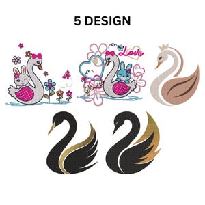 May include: An image featuring five different swan designs. The designs include swans with bunnies, hearts, and floral elements. The text "5 DESIGN" is at the top. The swans are in various colors, including black, gold, pink, and white.