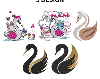 Bunny Swan Embroidery File, Easter Bunny Baby girl embroidery design, Eight Sizes Machine Embroidery File, Bird Embroidery, Instant Download