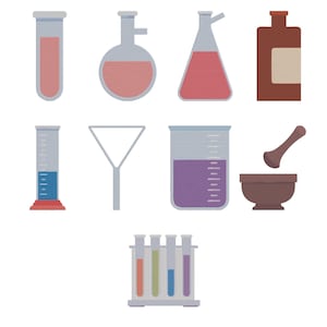 Puede incluir: Ilustración de material de laboratorio: tubos de ensayo, vasos de precipitados y matraces, cada uno con líquidos de colores. También se muestra un embudo y un mortero con mano. La imagen tiene una apariencia texturizada y cosida.