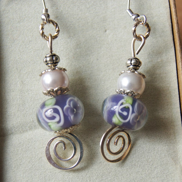 Lampwork Beaded Victorian Earrings Purple and White