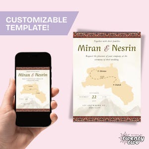 May include: A wedding invitation template with the names "Miran & Nesrin" in a stylish font. The design includes a map with dotted lines, the date, and location details. The invitation is shown on a smartphone and a printed card.