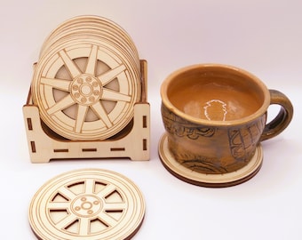 Juego de 10 posavasos de madera con forma de rueda de coche y caja: regalo para amantes de los coches