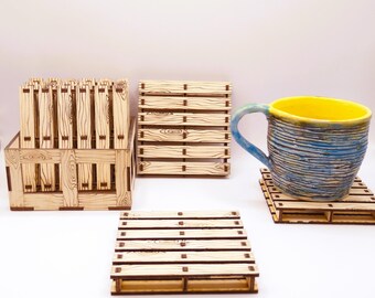 Juego de 6 mini posavasos de palé con soporte: posavasos de madera para café, té, bar u oficina. Un regalo rústico para él, para el hogar o el escritorio.