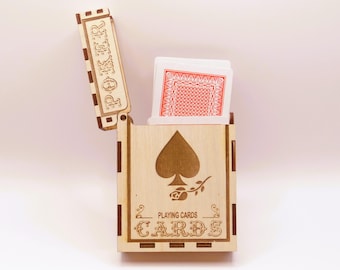 Wooden Playing Card Box – Laser Engraved Birch Poker Deck Holder – Gift for Card Players – Storage Case for Standard Playing Cards