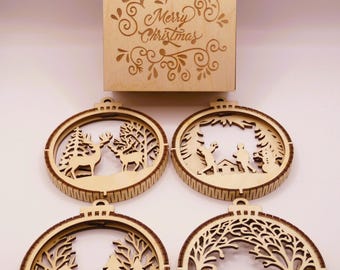 Juego de 4 bolas navideñas de madera de doble capa + caja de regalo | Adornos hechos a mano | Grabado opcional