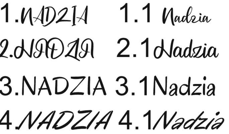May include: A collection of text variations of the name "Nadia" in black, with different fonts and styles. The image includes the name written in cursive, bold, and simple fonts, with numbers preceding each name.