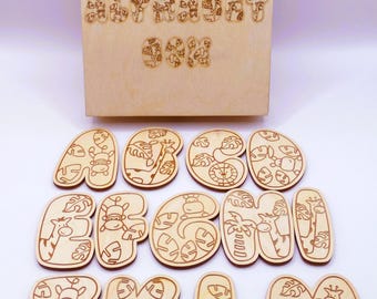 Juego de imanes de madera con el alfabeto + caja de almacenamiento