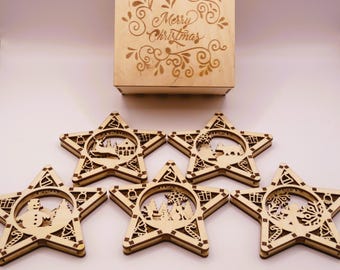Juego de 5 adornos de estrella de madera con caja de regalo | Adornos navideños de dos capas | Decoración rústica para fiestas | Regalo de Navidad hecho a mano