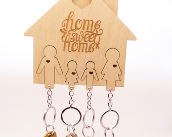 Llavero de madera "Hogar, dulce hogar": organizador de llaves familiar, grabado a láser, regalo de inauguración.