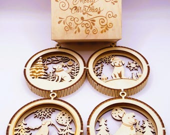 Juego de 4 adornos navideños de madera con forma de perro + caja