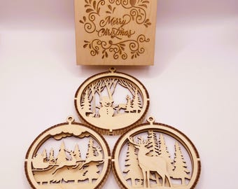 Juego de adornos navideños de madera con caja de regalo - Adornos colgantes de 3 capas - Decoración para árbol de Navidad cortada a láser - Regalo personalizado - Ecológico