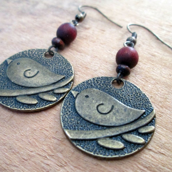 Wood Beaded Bronze Bird Earrings