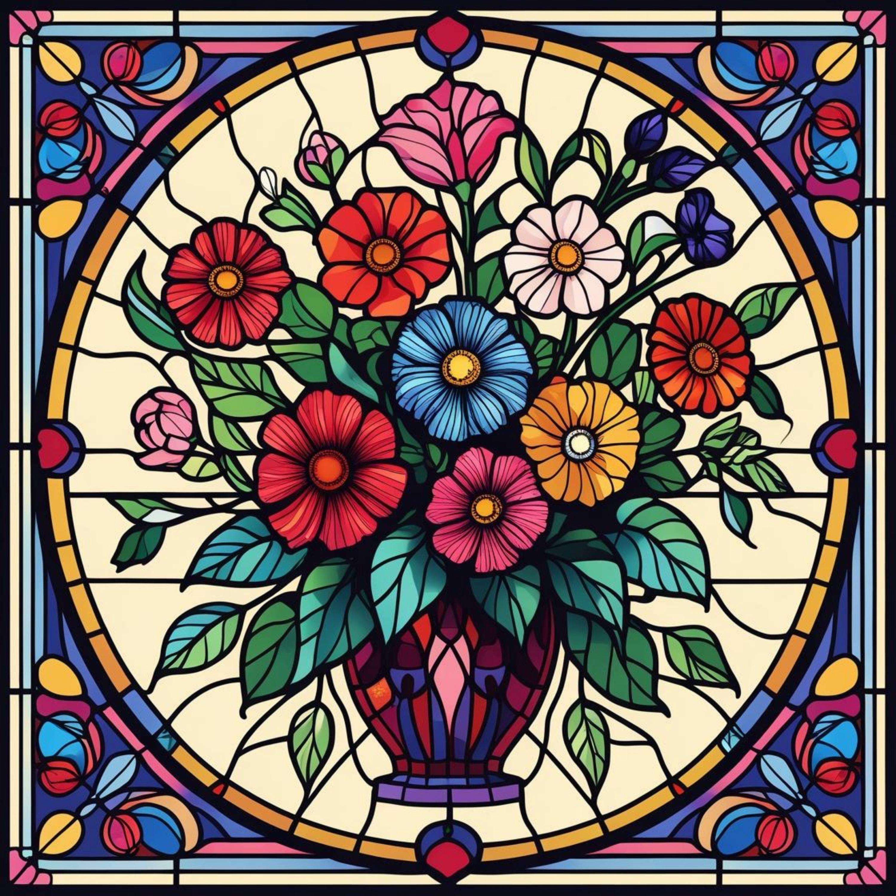 10 Handmade Stained Glass Digital Flower Wall Art , Colorful Stained Glass Floral Decor Print Unique Digital Stained Glass Flower Art Piece
