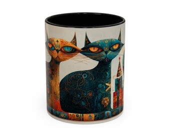 Folk Art Cats Coffee Mug | Whimsical Bohemian Design