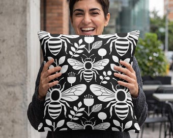 Modern Black and White Bee Pattern Pillow | Floral Bee Decorative Throw