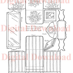 Download digitale STAMPABILE ISTANTANEO: mobili di carta da 3 pagine da colorare, tagliare, montare e GIOCARE!