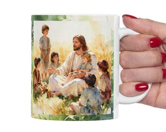 Taza de cerámica de 325 ml con escena de Jesús y los niños en acuarela (Mateo 19:14)
