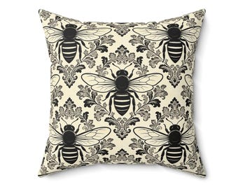 Damask Style Bee Pillow | Throw Pillow, Decorative Accent- 3 sizes