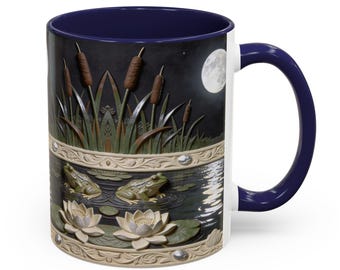 Moonlit Pond with Frogs Accent Mug | Lily Pads, Cattails, Full Moon 11 oz.