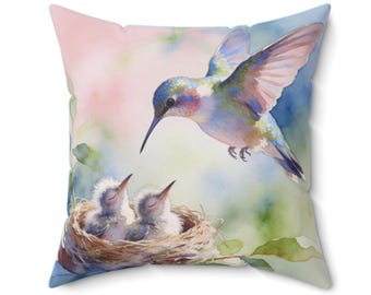 Hummingbird Nest Artwork Pillow | Watercolor Bird Throw Pillow