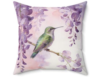 Hummingbird Watercolor Pillow | Purple Wisteria Floral Throw Pillow and Insert 3 sizes